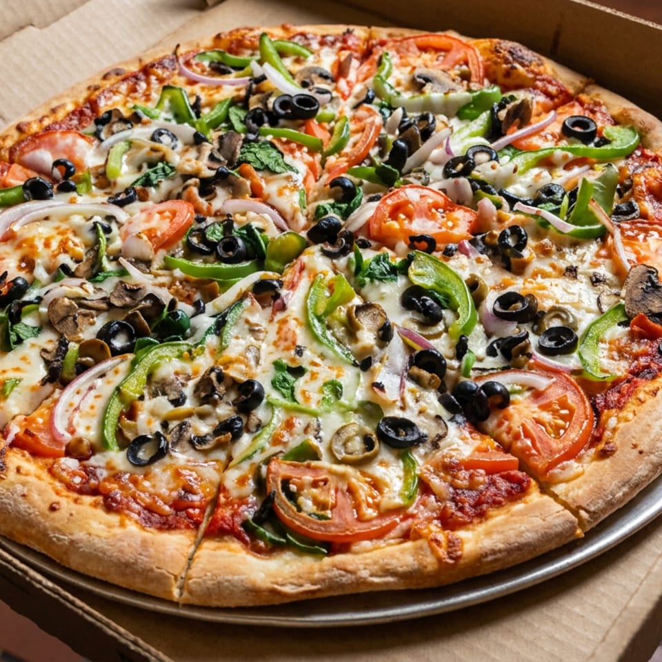 Vegetable pizza topped with tomatoes, green peppers, mushrooms, onions, spinach, black olives, and melted cheese in a cardboard box.