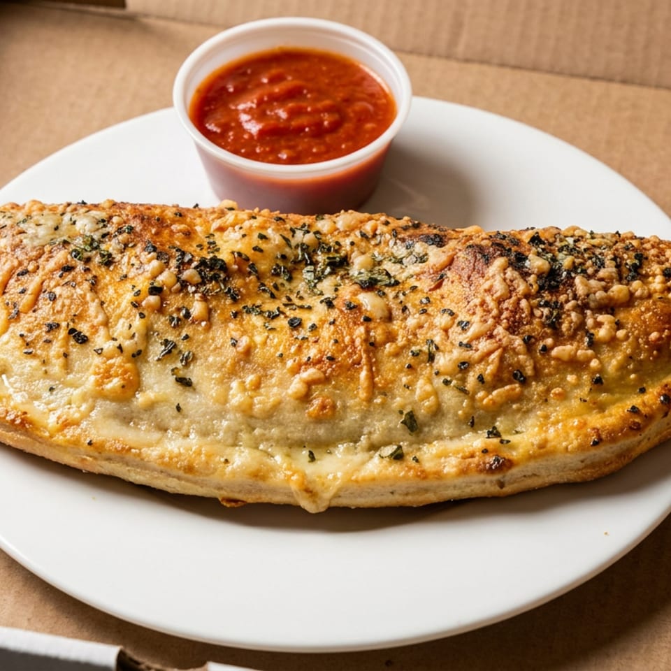 Golden folded calzone topped with cheese and black sesame seeds, served with tomato dipping sauce on a white plate in a cardboard box.