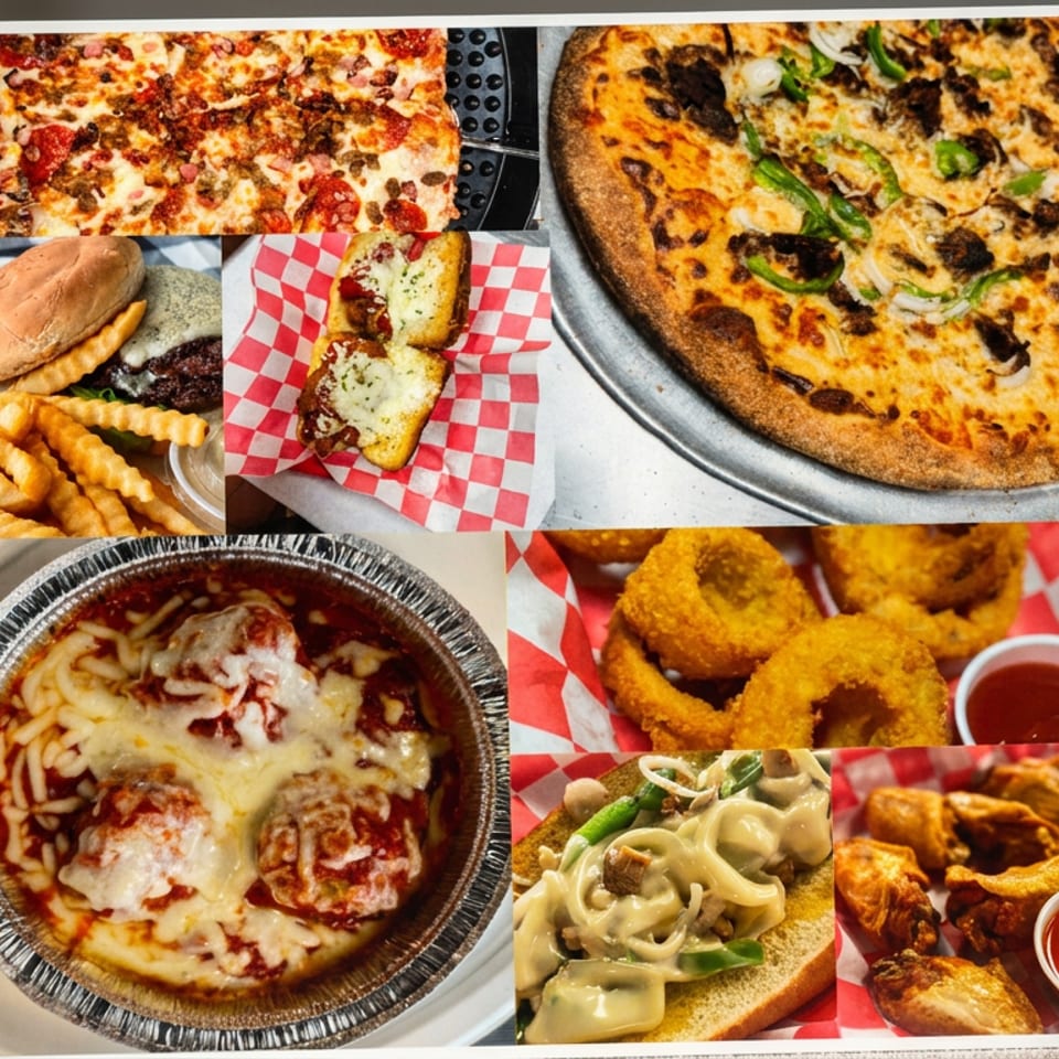 Collage of pizzas, burgers, fries, toasted ravioli, baked pasta, onion rings, cheesesteak, and chicken wings with dipping sauces.