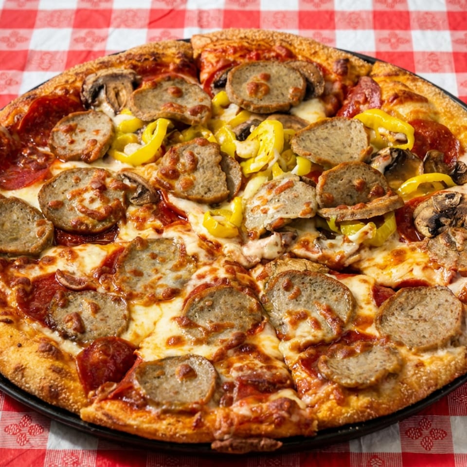 Large loaded pizza topped with pepperoni, sausage, mushrooms, and banana peppers on a red-and-white checkered tablecloth.
