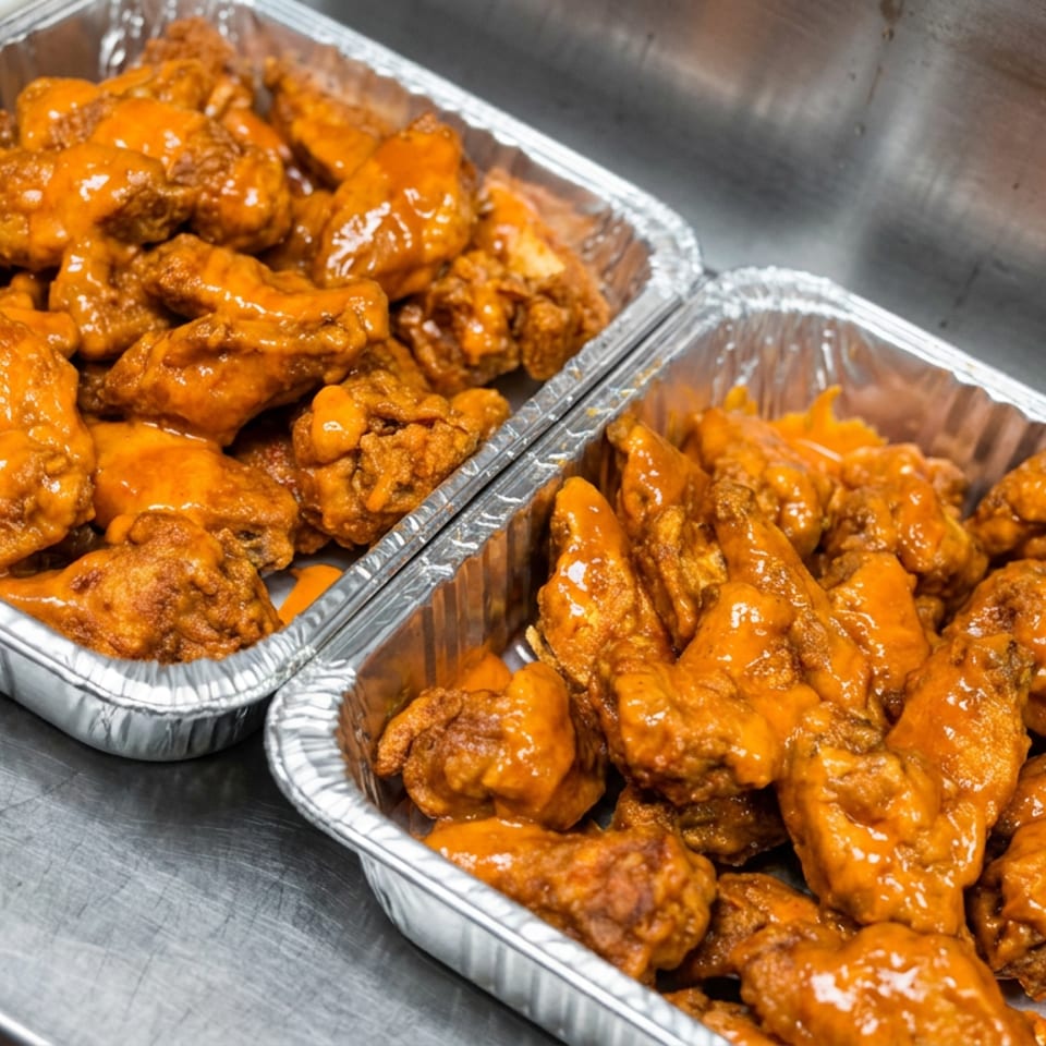 Two aluminum trays filled with crispy chicken wings coated in glossy orange sauce on a stainless-steel counter.